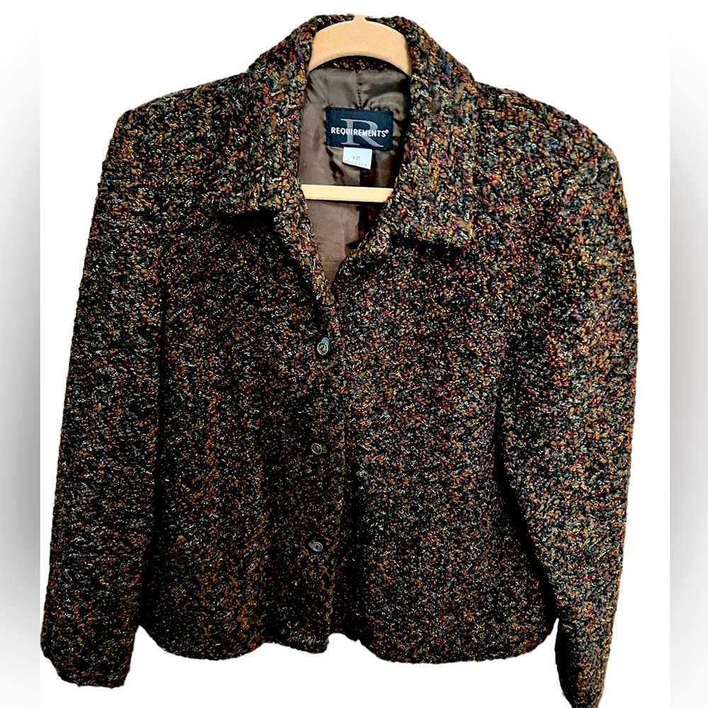 Rich Dark Brown with Multiple Colors Woven in Blazer by Requirements. Size = 12.